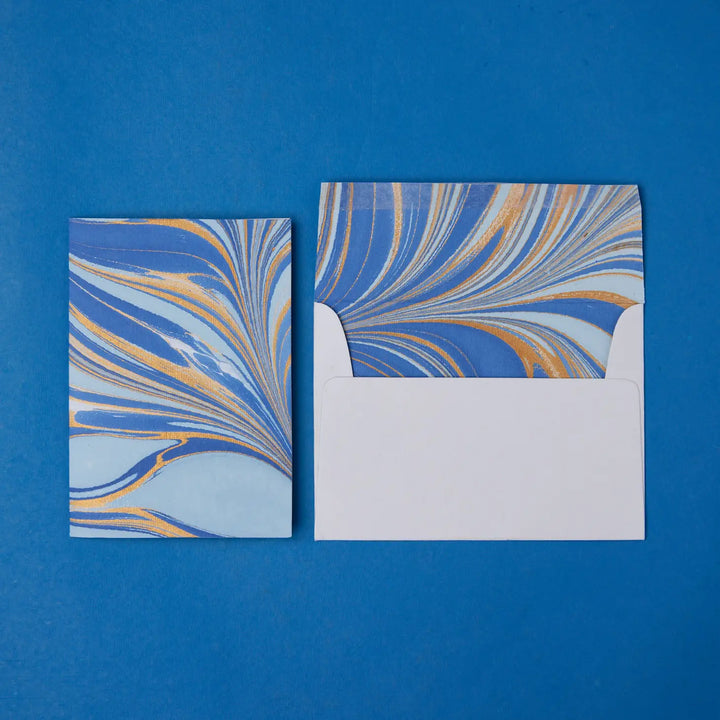 Hand Marbled Greeting Card - Fountain Waves Blue Gold