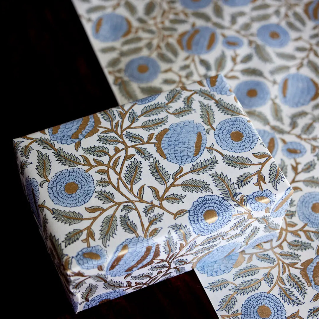 Hand Block Printed Gift Wrap Sheets - Marigold Glitz Blue Stone (Roll)