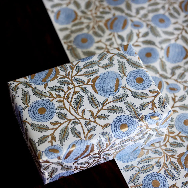 Hand Block Printed Gift Wrap Sheets - Marigold Glitz Blue Stone (Roll)