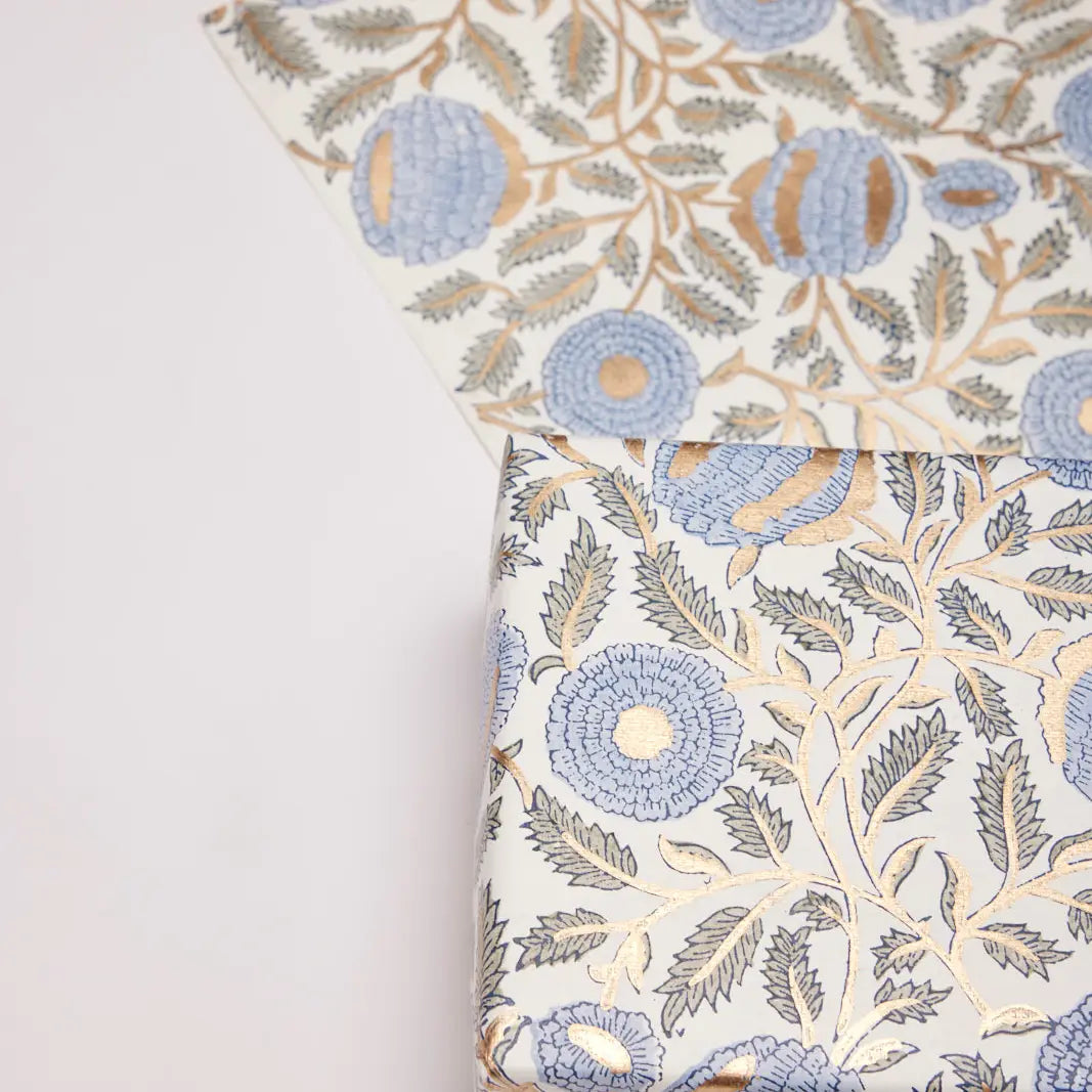 Hand Block Printed Gift Wrap Sheets - Marigold Glitz Blue Stone (Roll)