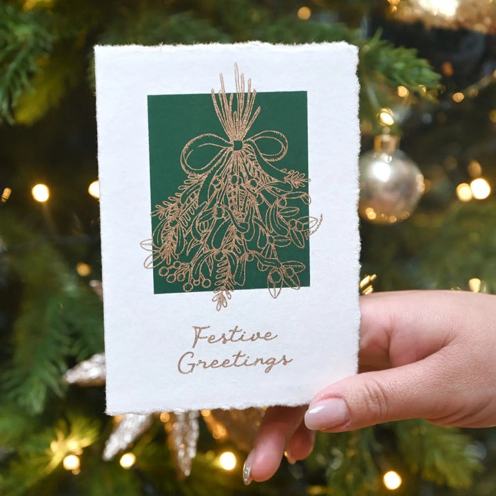 Deckle Edge Cotton Christmas Card - Mistletoe Verdant