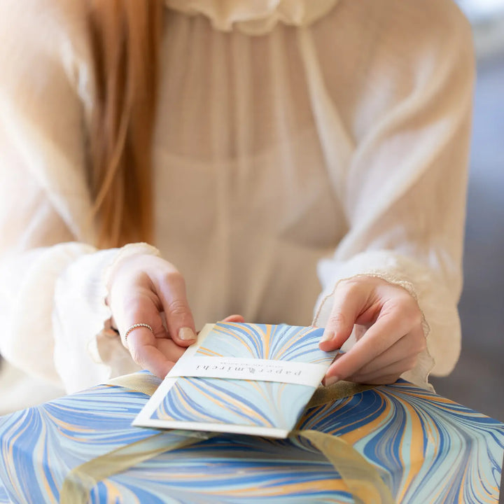 Hand Marbled Greeting Card - Fountain Waves Blue Gold