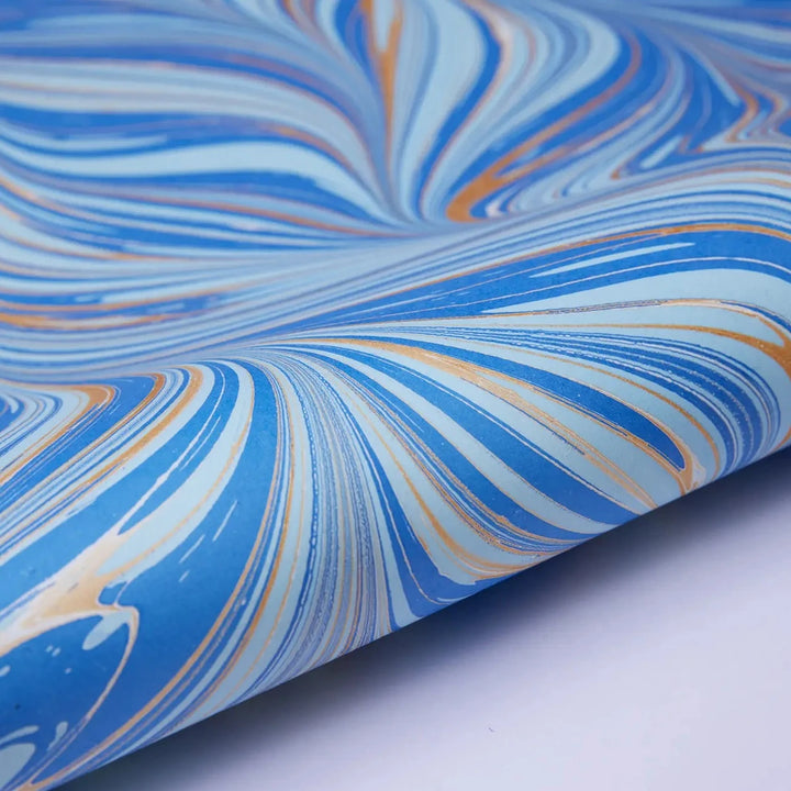 Hand Marbled Gift Wrap Sheets - Fountain Waves Blue Gold (Roll)