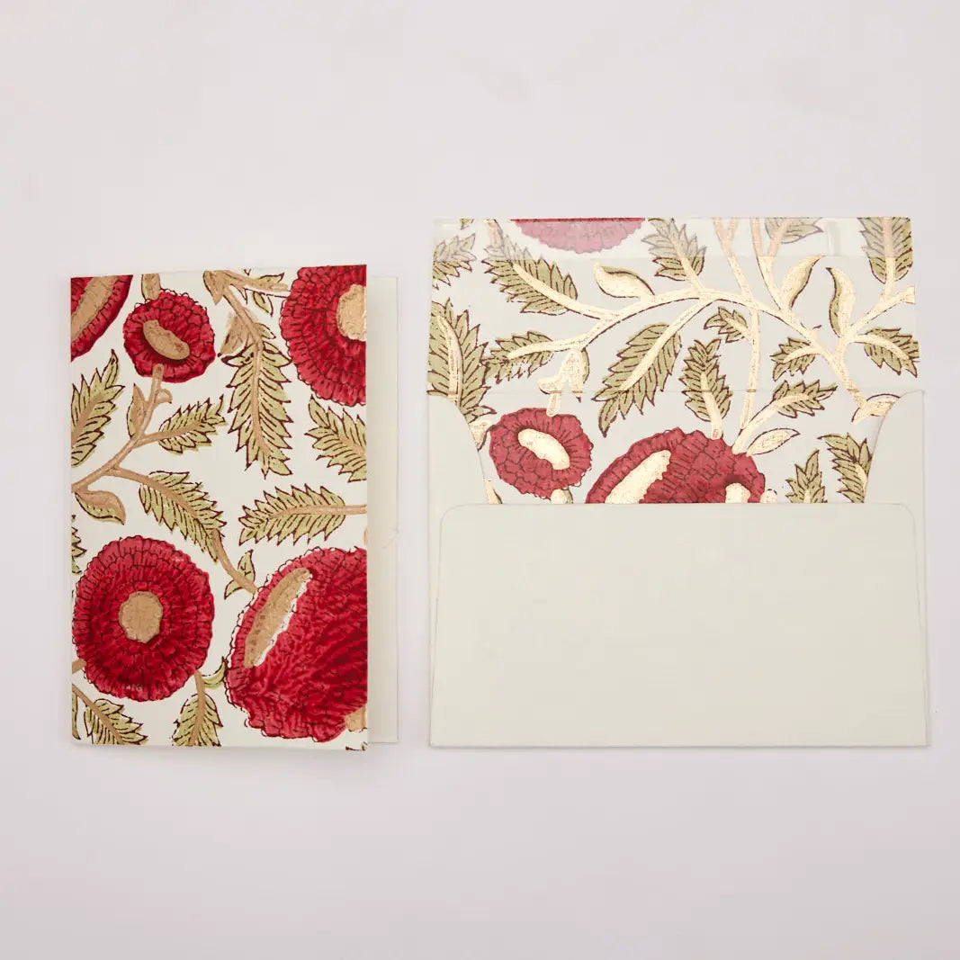 Hand Block Printed Greeting Card - Marigold Glitz Scarlet