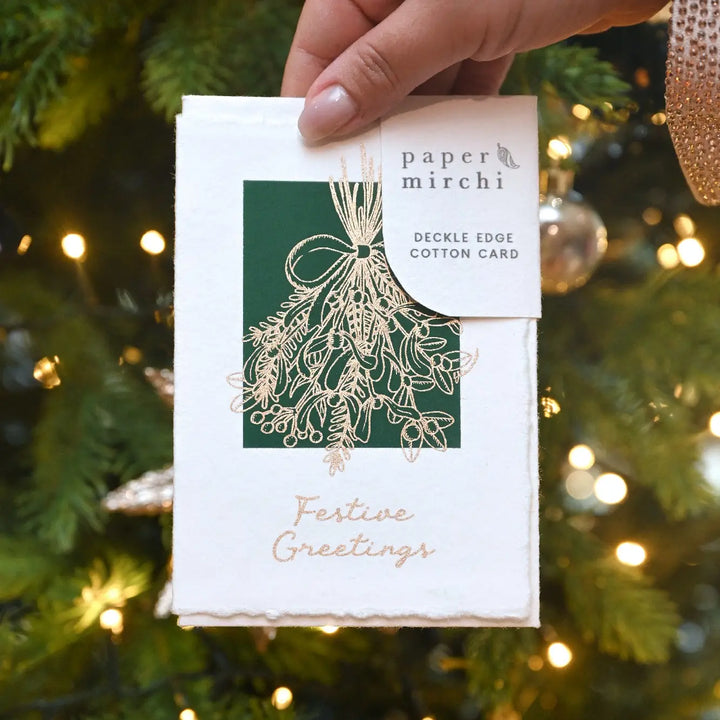 Deckle Edge Cotton Christmas Card - Mistletoe Verdant