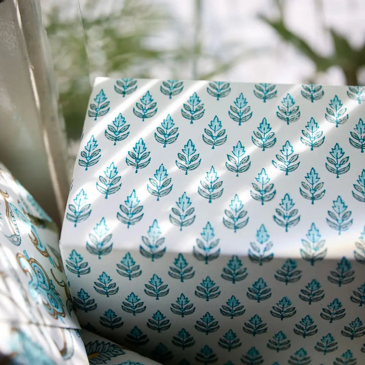 Hand Block Printed Gift Wrap Sheets - Buti Turquoise (Roll)