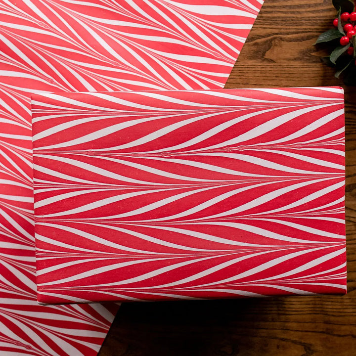 Hand Marbled Gift Wrap Sheets - Candy Stripes Red (Roll)