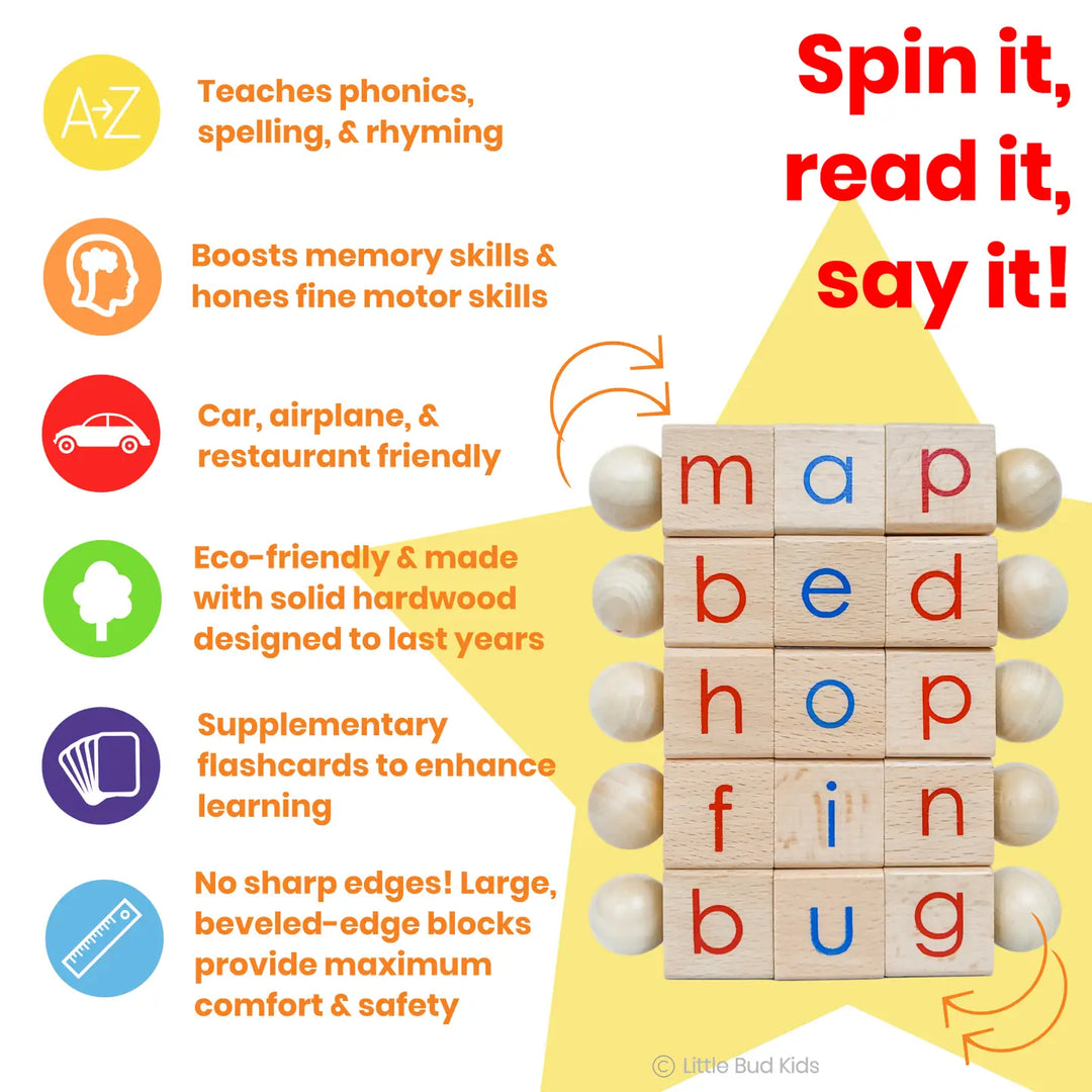 Spin-and-Read Montessori Phonetic Reading Blocks and CVC Cards