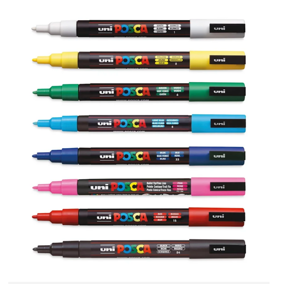 POSCA Water-Based Paint Markers - Fine Tip, Primary Colors (Set of 8)