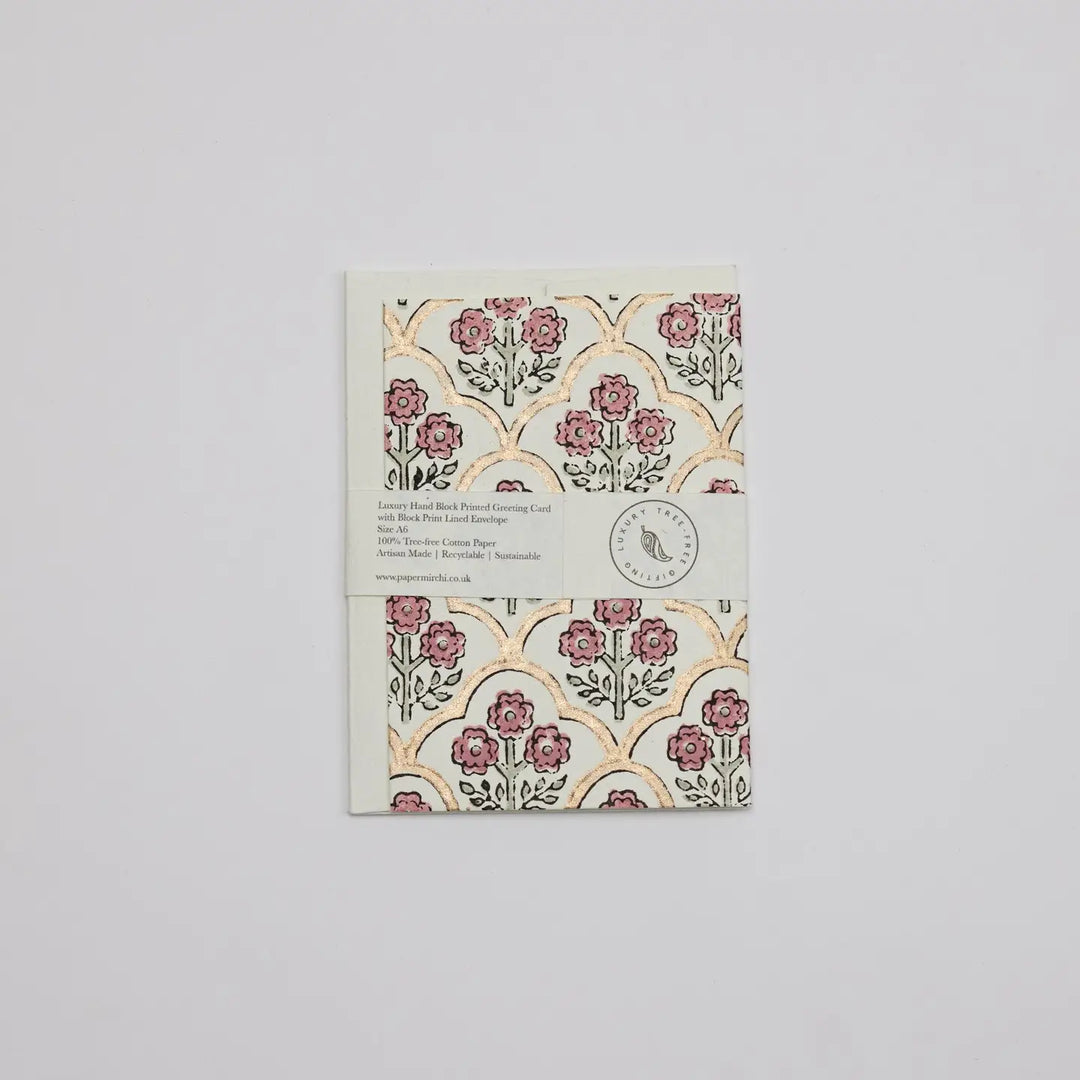 Hand Block Printed Greeting Card - Trellis Pink Earth