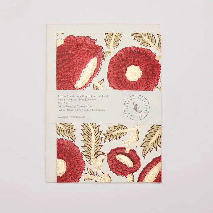 Hand Block Printed Greeting Card - Marigold Glitz Scarlet