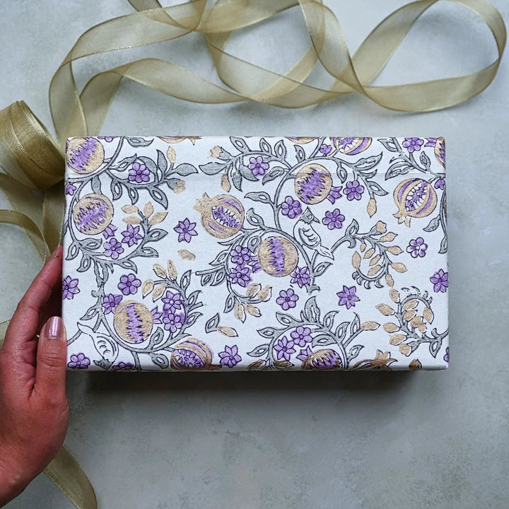 Hand Block Printed Gift Wrap Sheets - Pomegranate Lavender (Roll)