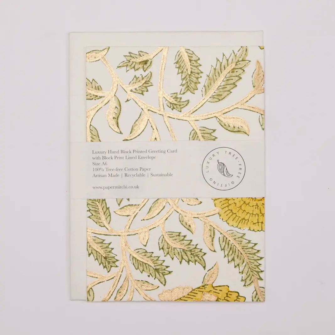 Hand Block Printed Greeting Card - Marigold Glitz Sunshine