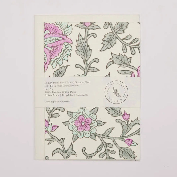 Hand Block Printed Greeting Card - Flora Teal