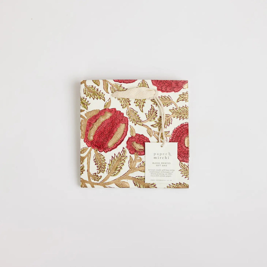 Hand Block Printed Gift Bags - Marigold Glitz Scarlet