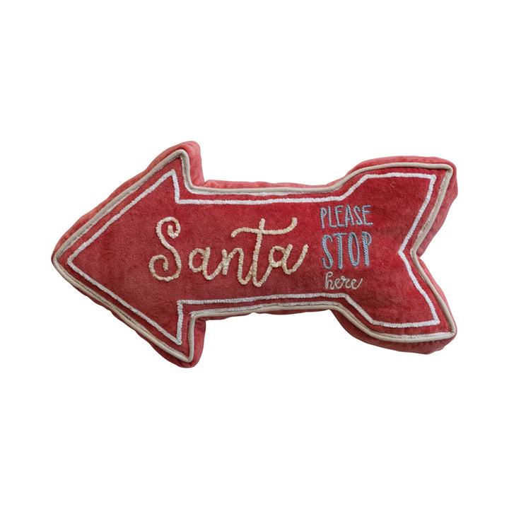 Velvet Embroidered "Santa Please Stop Here" Pillow