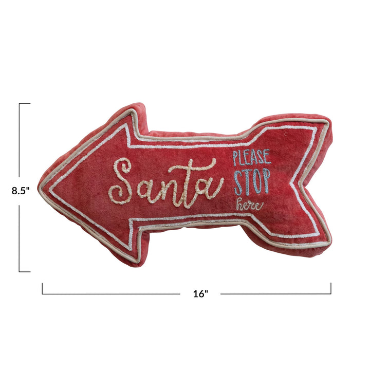 Velvet Embroidered "Santa Please Stop Here" Pillow