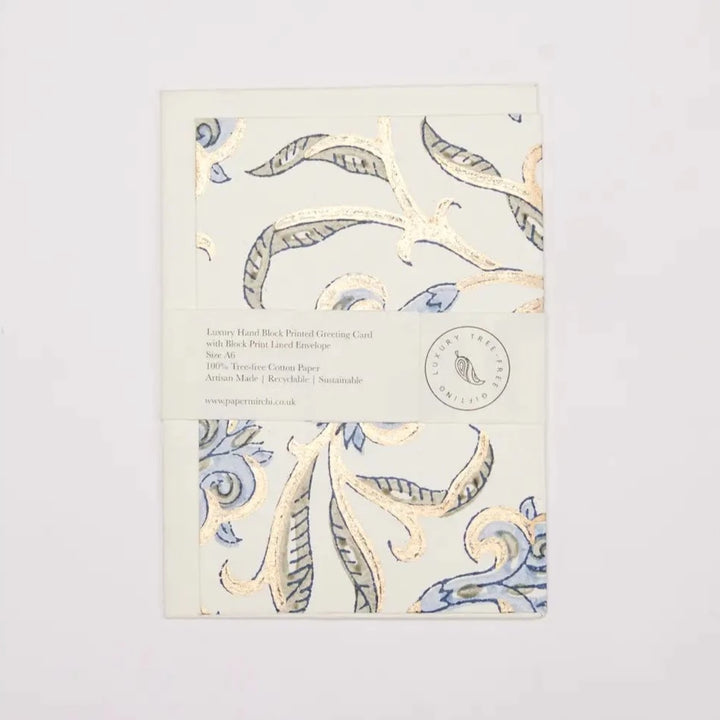 Hand Block Printed Greeting Card - Iris Glitz Blue Stone