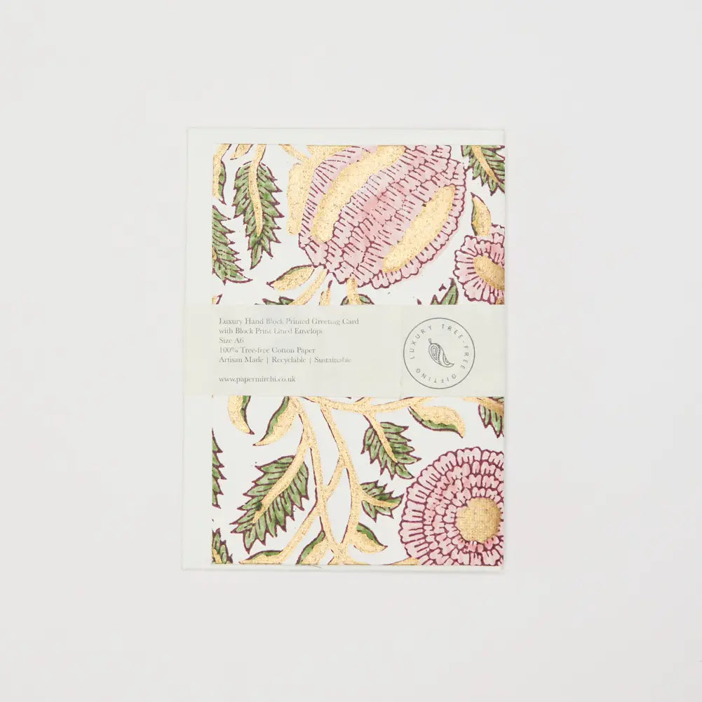 Hand Block Printed Greeting Card - Marigold Glitz Blush