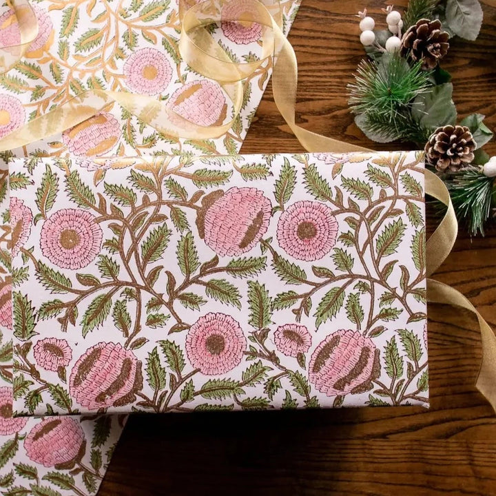 Hand Block Printed Gift Wrap Sheets - Marigold Glitz Blush (Roll)